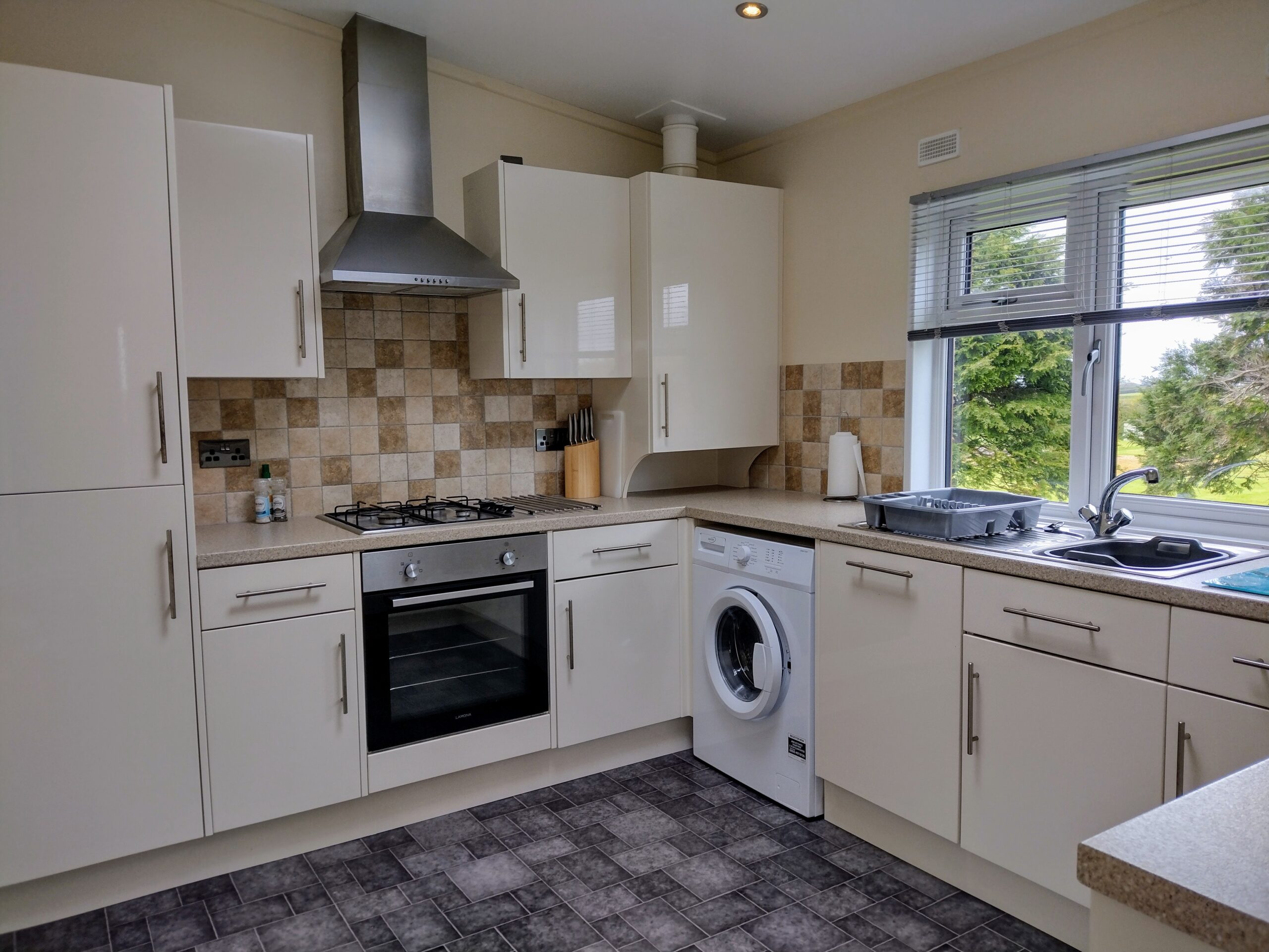 Apple Blossom kitchen, with oven, washing machine and a view of the trees