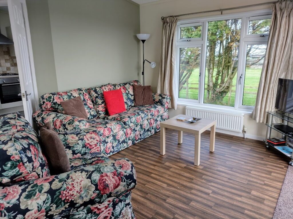 Apple Blossom lounge, looking towards the window and the field